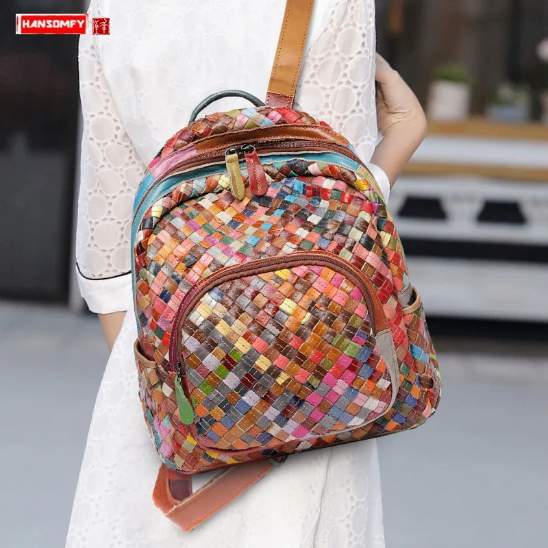 

2019 Genuine Leather Women backpack female shoulder bag fashion small backpack first layer cowhide woven casual ladies backpacks