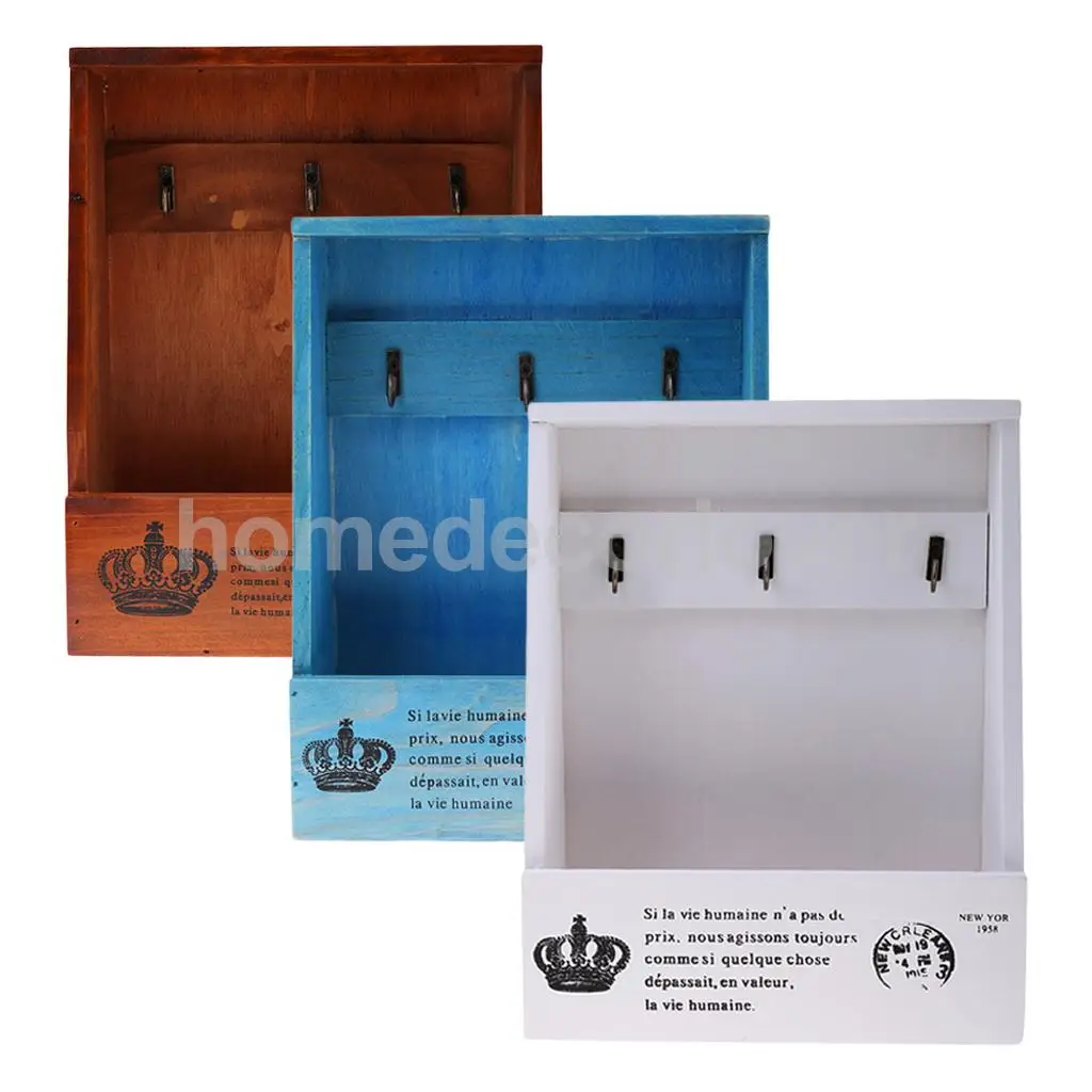 Retro Wall Mount Key Rack Storage Box Shelf Wooden Cabinet Cubby Letter Mail Holder Case