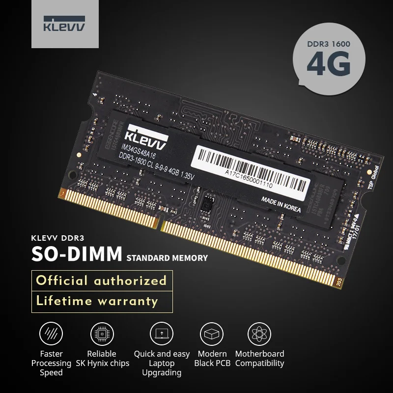 

Klevv Laptop Memory 4G DDR3 1600MHz DIMM RAM 1.2V Memory Stick Compatible RAM Lifetime Warranty
