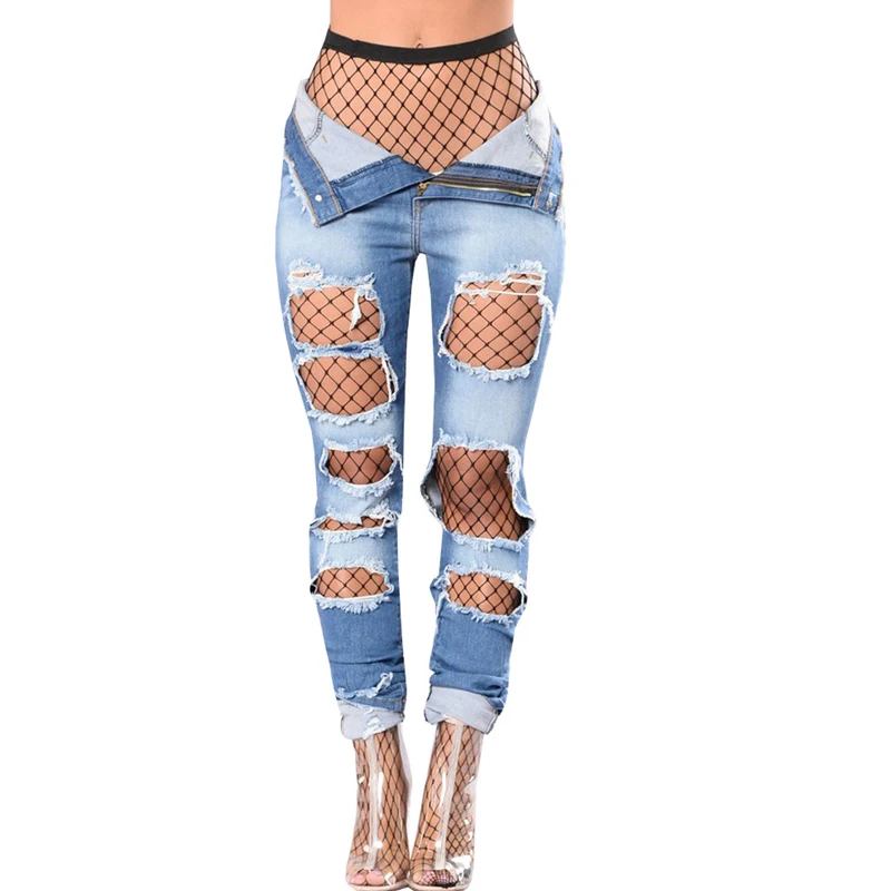 2017 Summer Women Elastic Hole Ripped Jeans Women Pants Cool Denim Vintage Straight Jeans For Girl