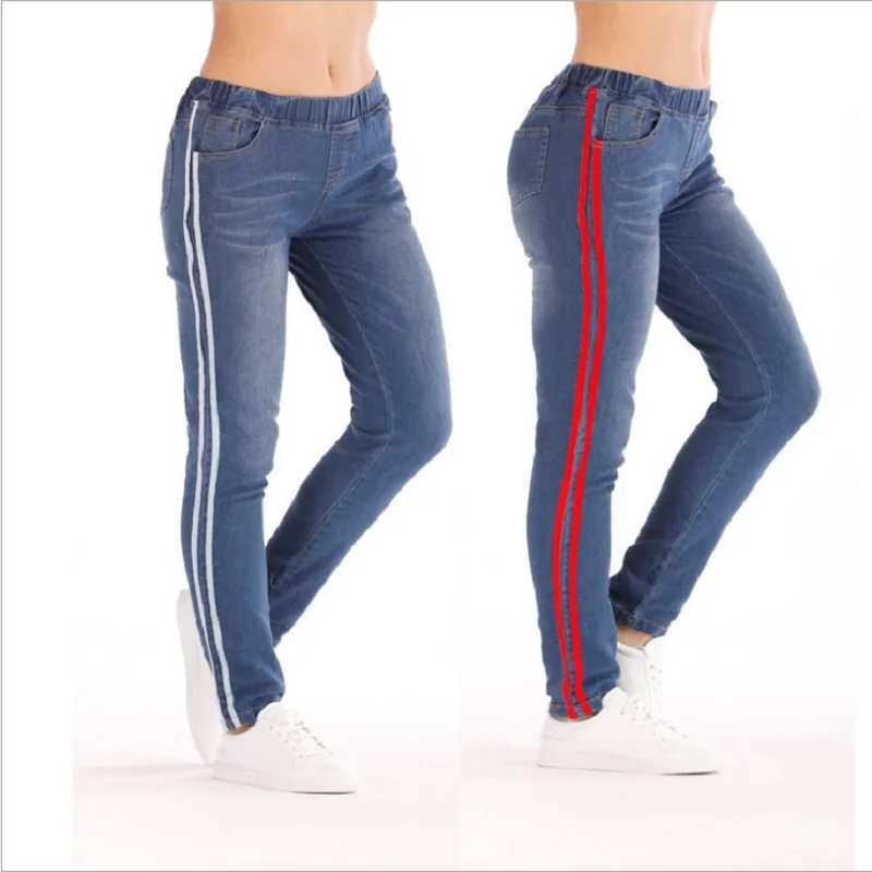 High Waist Jeans Woman Side Striped Patchwork Skinny Jeans All Matched Casual Pants Brief Slim Winter Boots Jeans Plus Size 5XL