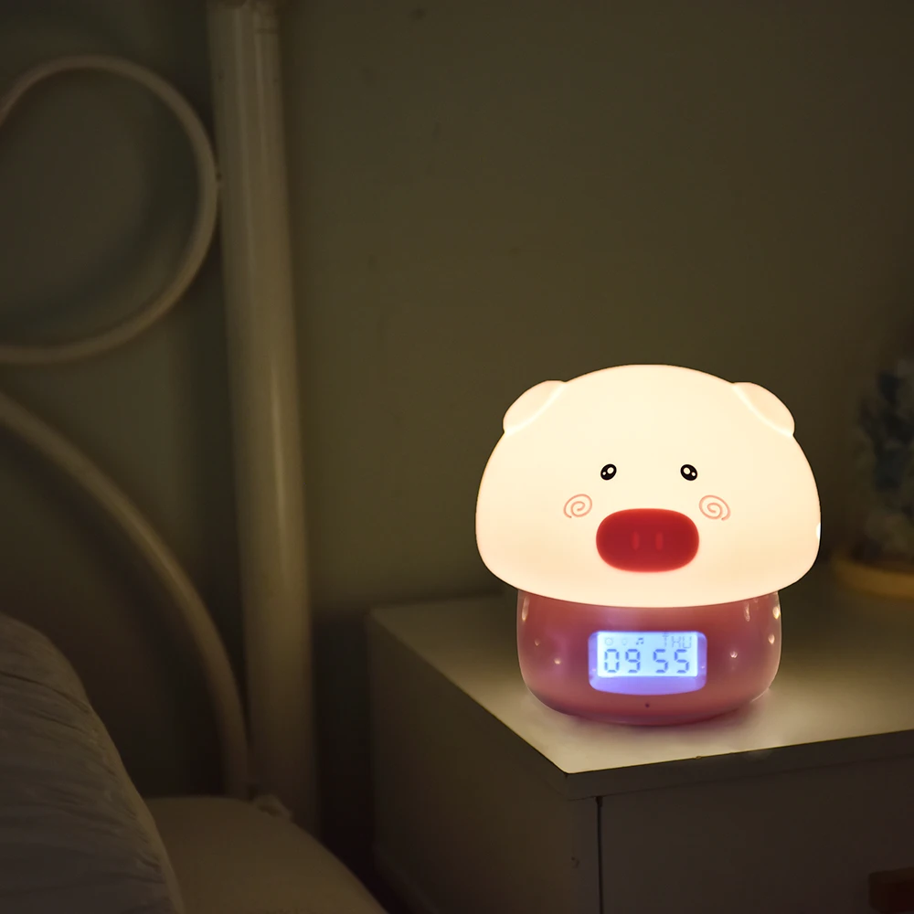 3 in 1 Pig LED Night Light with Alarm Clock Recorder Remote Touch Sensor Colorful USB Silicone Children Kids Baby Bedside Lamp (23)