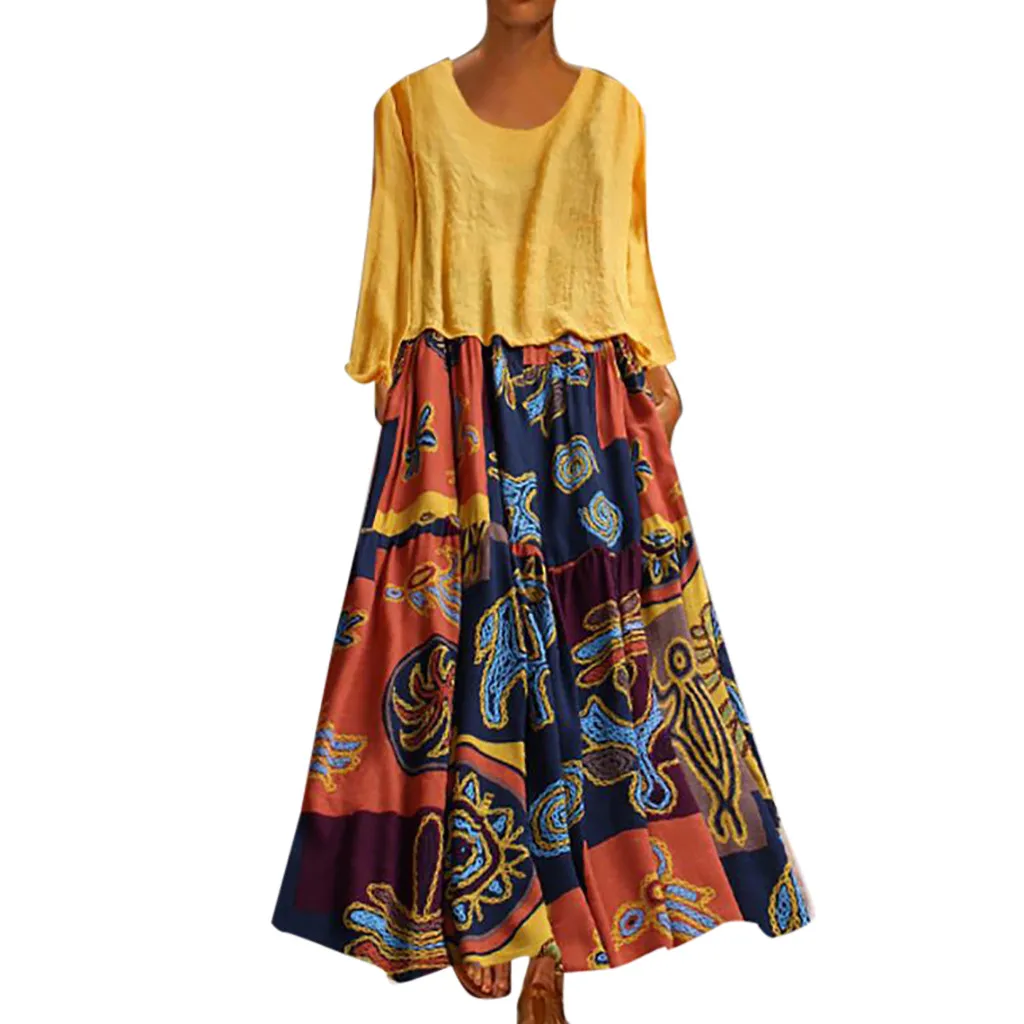 

Formal Dress Women Elegant Women Plus Size Patchwork Two-piece O-Neck Wrist Print Vintage Maxi Dress 30 Dropping