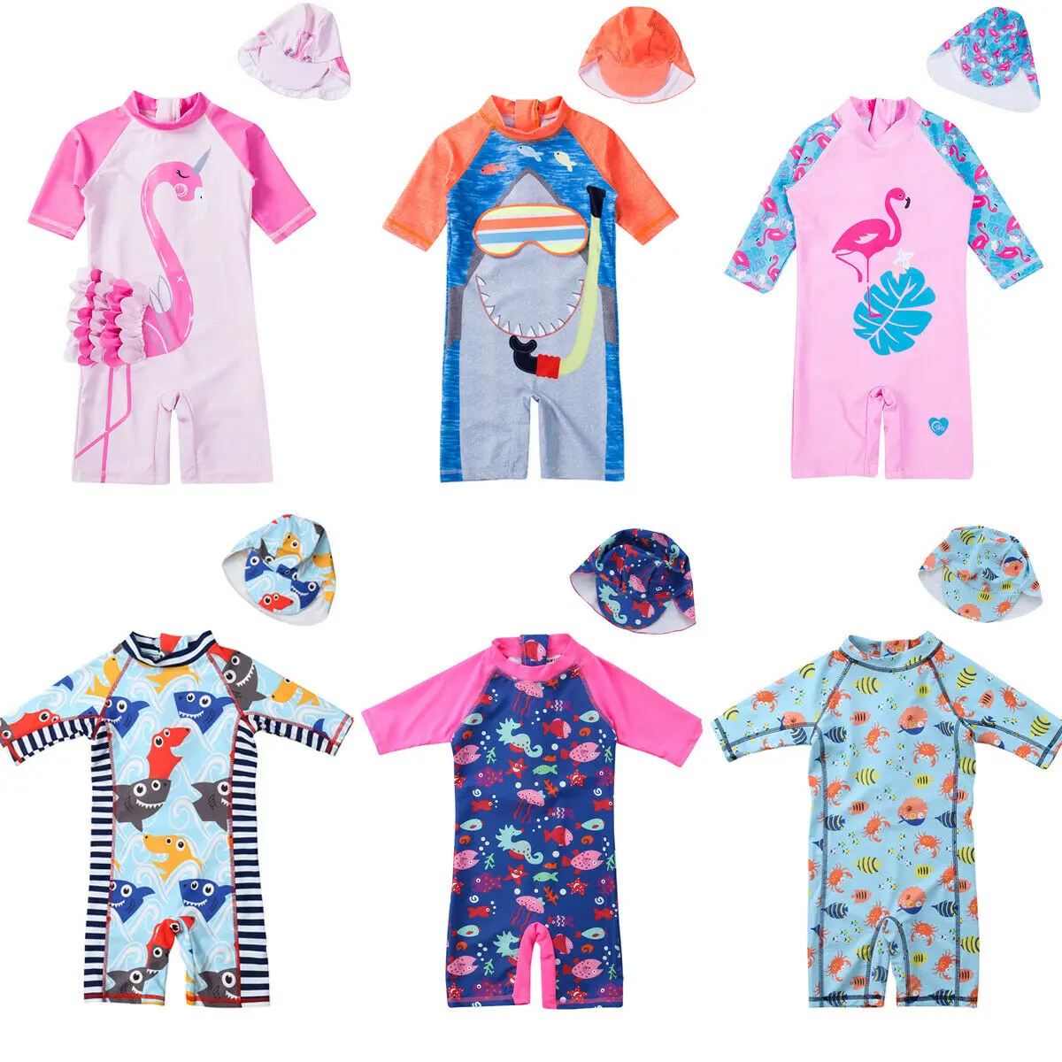 Детский цельный купальник для маленьких мальчиков и девочек с рисунком акулы, Солнцезащитный пляжный купальный костюм для серфинга, детская шапочка, комплект из 2 предметов
