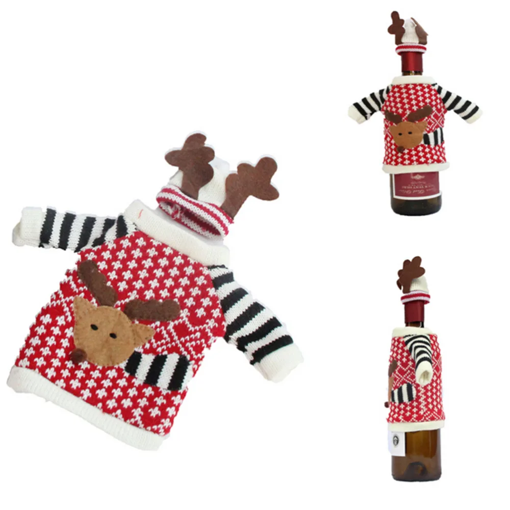 

1 Set Sweater Red Wine Bottle Cover Bags Santa Claus Dinner Table Decoration Clothes With Hats Home Party Decors
