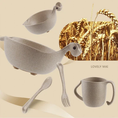 Ideacherry 5 шт./компл. Детские бамбуковая столовая посуда для кормления динозавра миски младенческой чаша пластина чашка ложка столовая вилка для подарка - Цвет: Beige