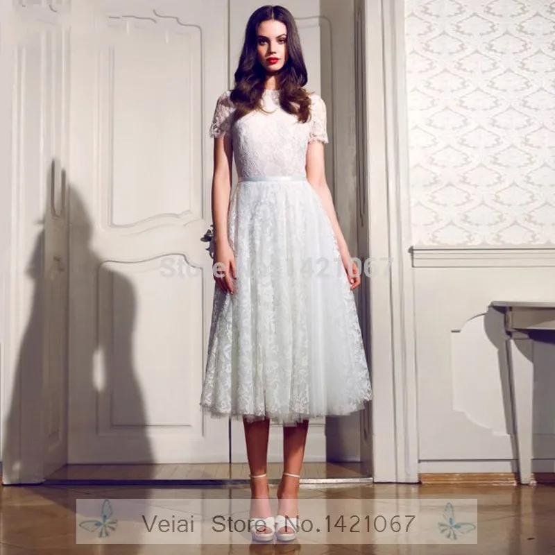 Vestido de Noiva Lace Tea-length Short Wedding Dresses With Sleeve Illusion Bride Dress/Gown Cheap beach wedding dress | Свадьбы и