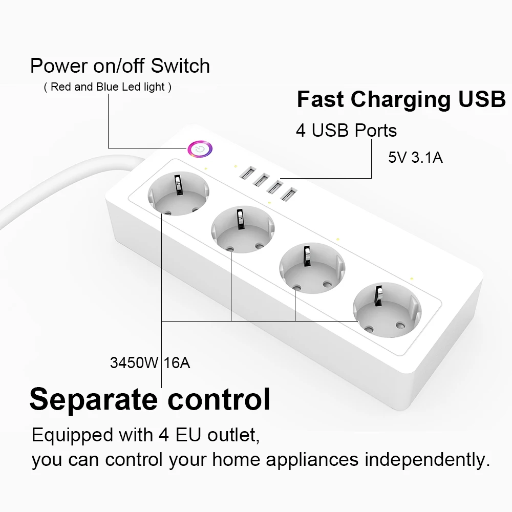 Wifi смарт-сетевой фильтр EU штекер множественное гнездо питания 4 USB порта Голосовое управление работа Alexa Google IFTTT Smart life