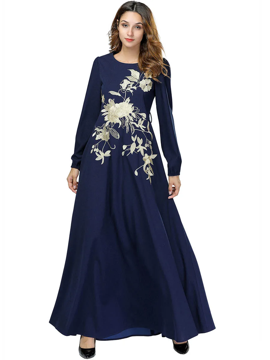 2019 повседневное для женщин вышивка платье с цветочным рисунком темно синие мусульманские абаи Восточный халат из марокена хиджаб Femme Musulman