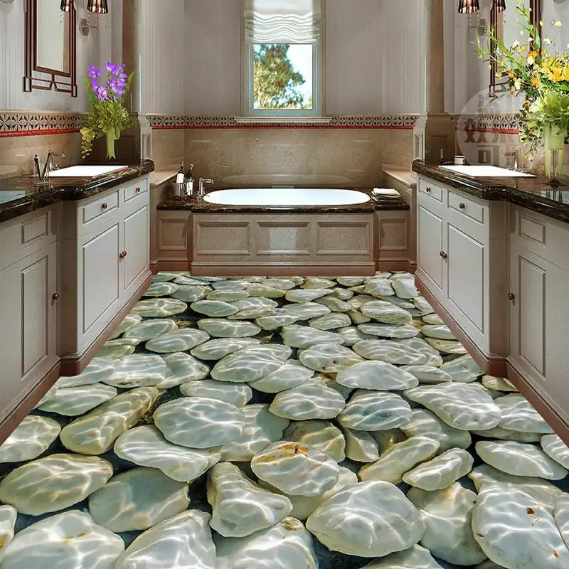 Custom Photo Wall Paper Cobblestone Water Waves 3D Floor Mural PVC