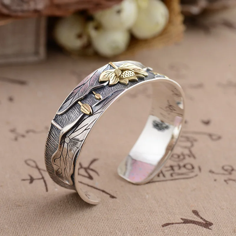 

Real Solid 925 Sterling Silver Wide Bangles For Women Cubic Lotus Engraved Gold Color Heavy Bangles Vintage Style