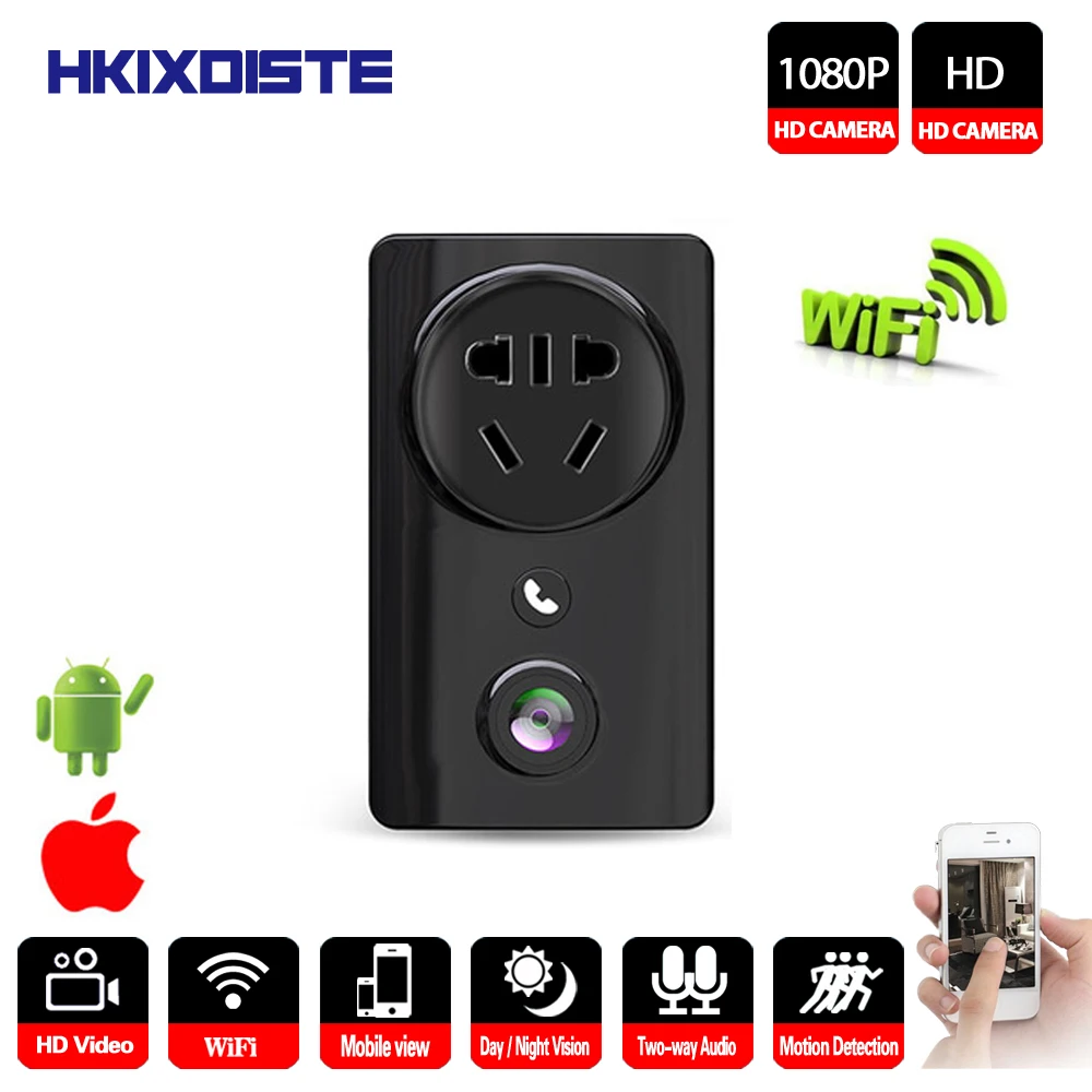 HKIXDISTE HD 1080P Wireless IP Camera Wall Socket Charger Adapter 180 Degree Fisheye Smart Indoor Baby Monitor Plug and Play