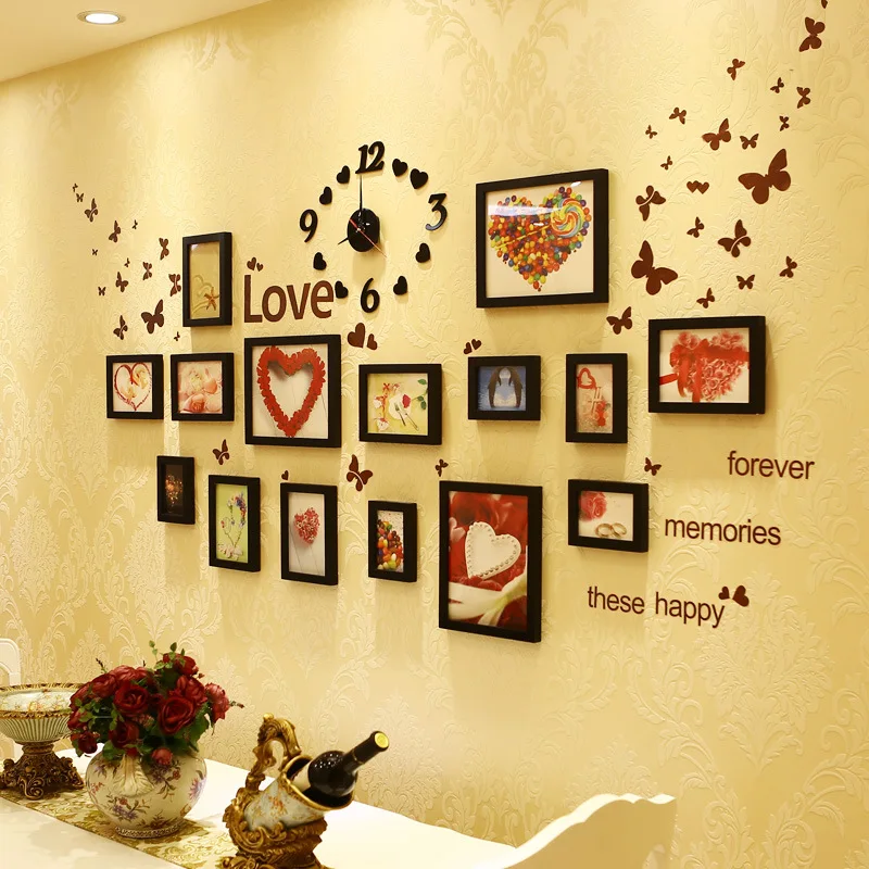 

Wood Photo Frames with Pictures Stickers 15 Piece Frames Combination Home Wall Decoration Hanging Photo Frames Art Craft Artware