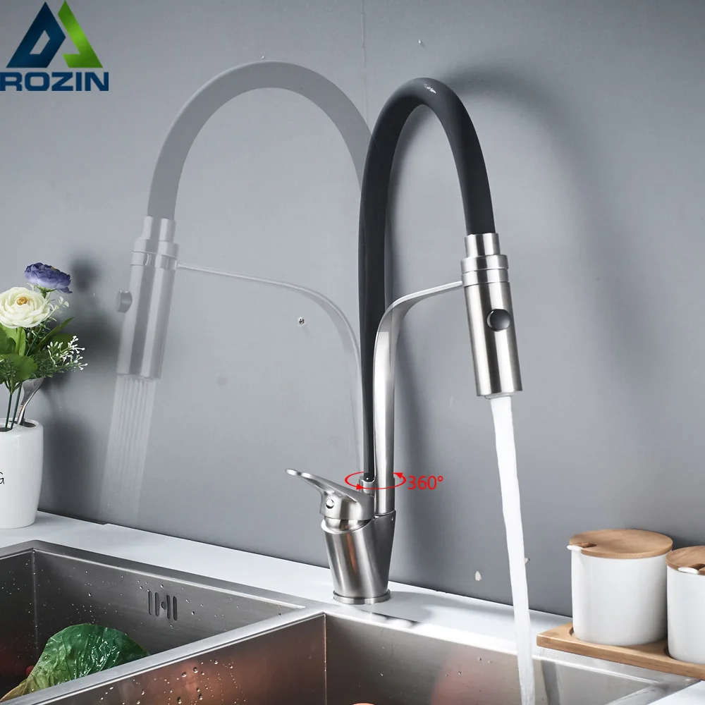 

Rozin Brushed Nickel Dual Swivel Spout Kitchen Sink Faucet Pull Down Spring Spray Bathroom Kitchen Mixer Tap Deck Mounted