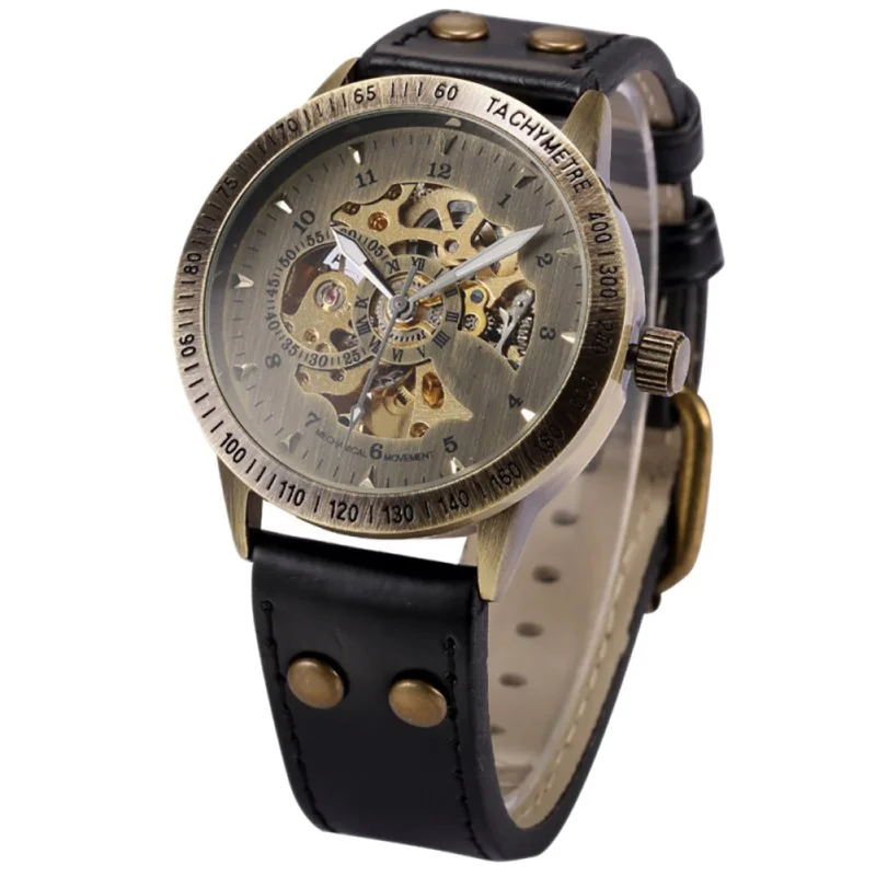 

Fashion Men Bronze Antique Leather Self Widing Wrist Watch Steampunk Skeleton Power Automatic Male Mechanical Watches