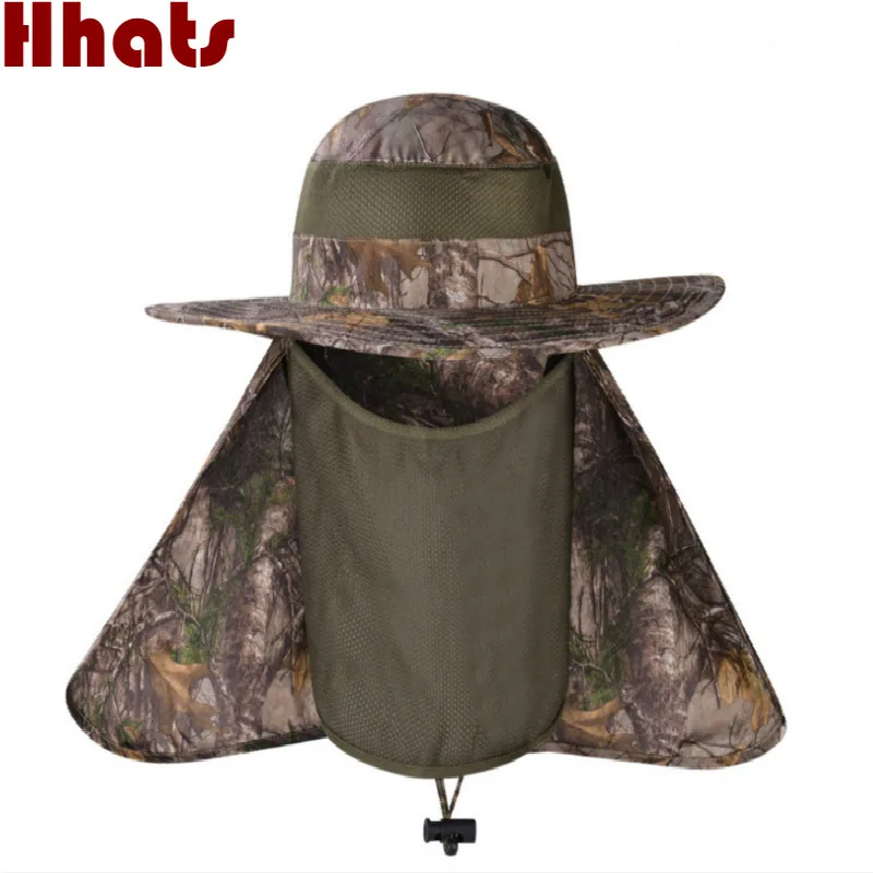

[which in shower]wide brim camouflage fishing hat with neck face veil protection bionic summer bucket hat with string women men