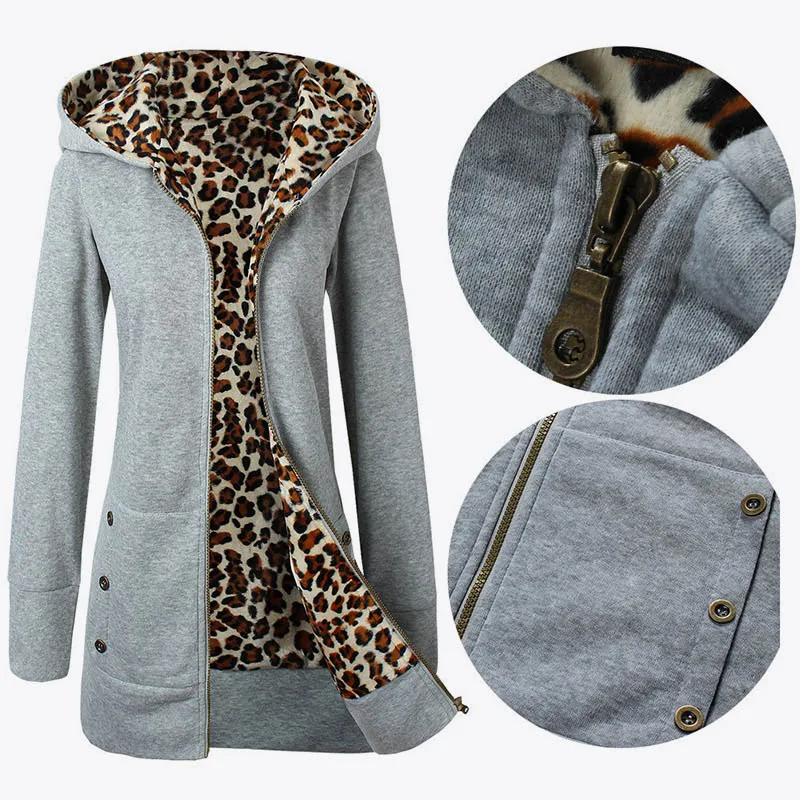 

Women's Hooded Patchwork Leopard Long Hoodies Female Casual Loose Sweatshirts 2018 Autumn Winter Ladies Zipper Outwear Coat