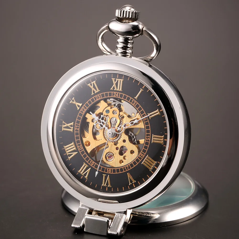 2016 New Unique Men Magnifier Skeleton Vintage Mechanical Pocket Watch with Chain for giftin