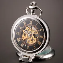 2016 Nuevos Hombres Únicos Lupa Vintage Skeleton Reloj de Bolsillo Mecánico con La Cadena para el regalo