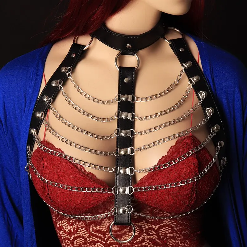Leather Metal body chain Bralette Top Cage Body Harness Punk Gothic Garter Strap Plus Size Fetish Festival Dance Rave Exotic bra
