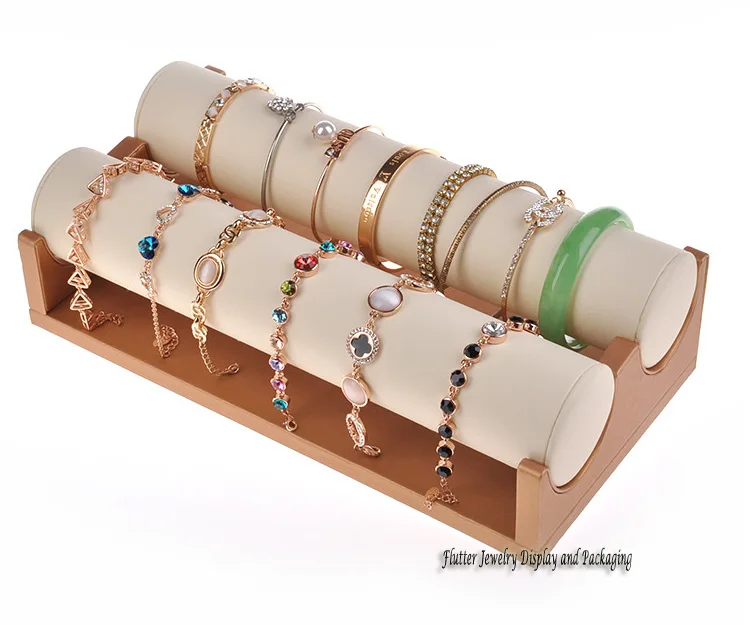

Superior Beige Leather Bracelet Display Stand Watch Holder Necklace Showing Rack Ankle Showcase Jewelry Organizer With 2 Bars