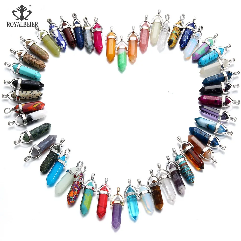 

ROYALBEIER 10pcs/lot Pendant Natural Stone Quartz Bullet Hexagon Point Pendulum Column Reiki Healing Chakra for Making Jewelry