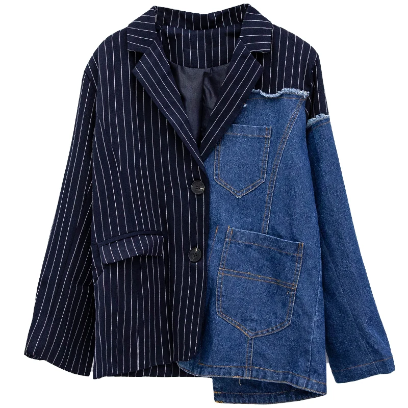 2019 Women Blazer Streetwear Jeans Jacket Splice coat Ladies Personality Chic jacket Vertical Stripes Casual Female Coat Jacket