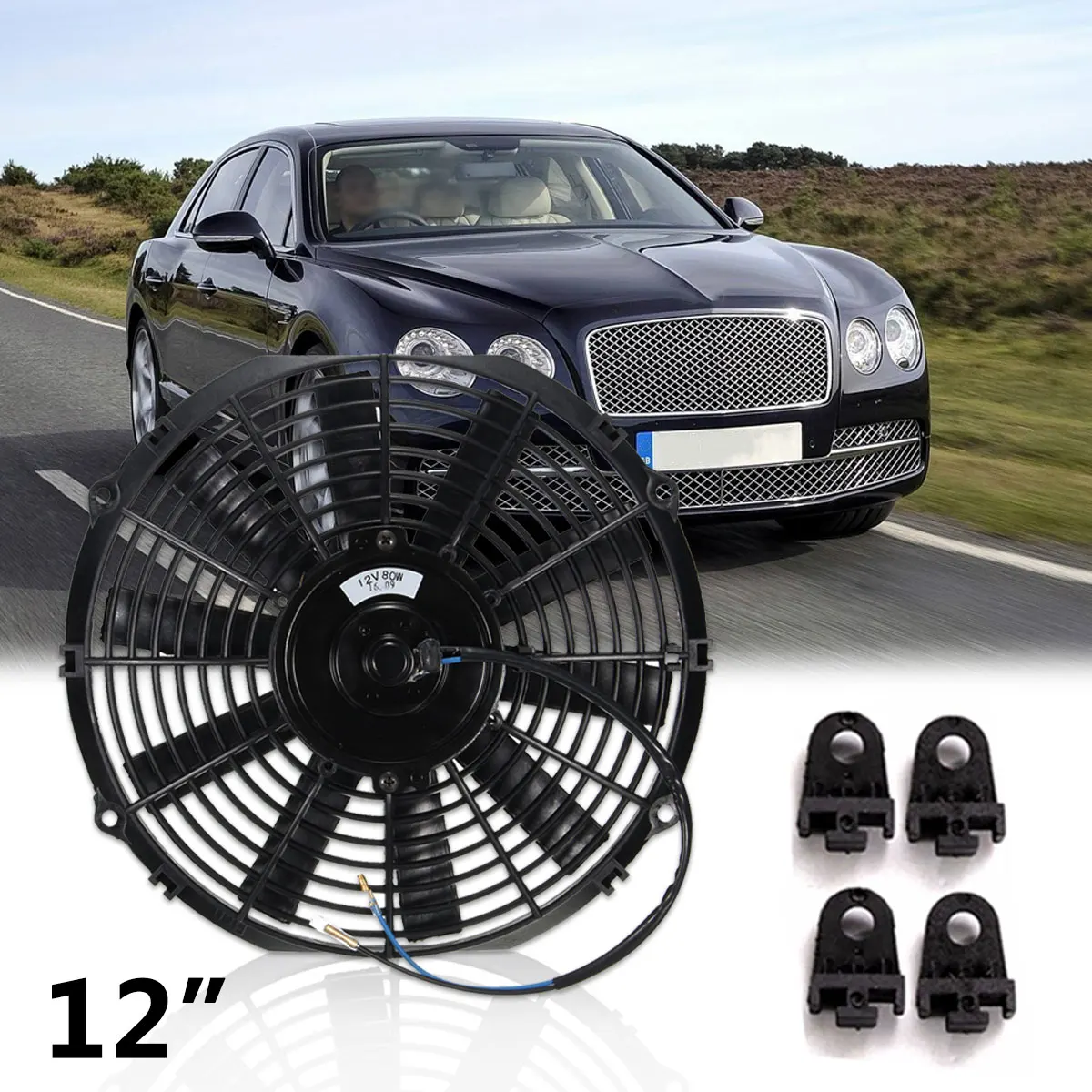 

12V 80W 2100RPM 12" Straight Black Blade Electric Cooling Radiator Fan Mounting Kit Universal for Audi for VW