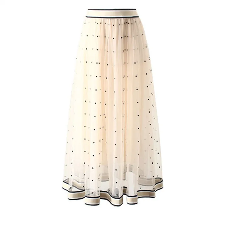 

2019 Dot Mesh Skirt Ladies Striped Ruffles Patchwork High Waist Elastic Spring A Line Skirts Fashion New Clothing