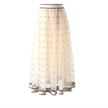 

2019 Dot Mesh Skirt Ladies Striped Ruffles Patchwork High Waist Elastic Spring A Line Skirts Fashion New Clothing