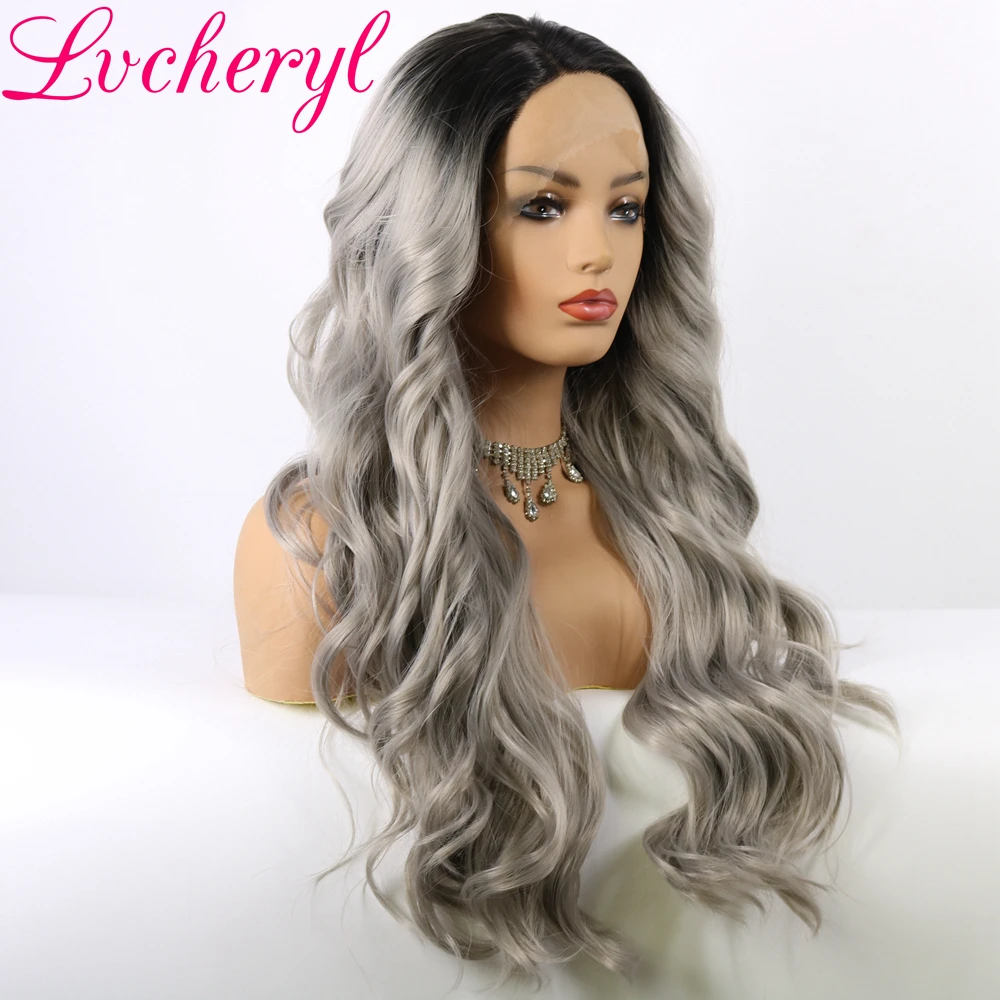 Lvcheryl Ombre Grey Hair Wigs Natural Wave Long Synthetic Lace Front Wigs High Temperature Fiber Hair Wigs for Women