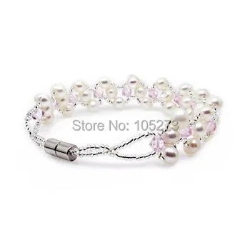 

White color Charming Freshwater Pearl Bracelet Crystal Fashion Accessory Jewelry Magnet Clasp AAA 4-6MM 18cm New Free Shipping