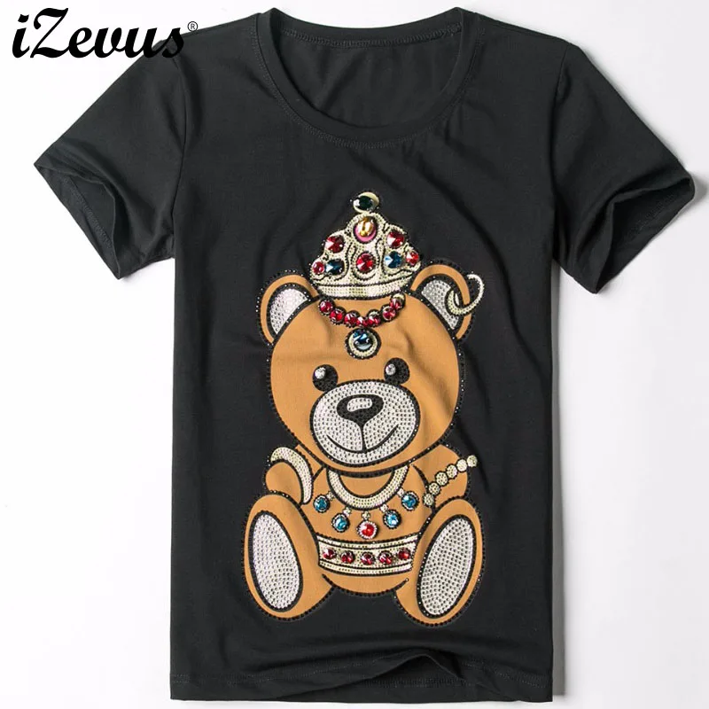 

IZEVUS Fashion Short Sleeve Cotton kawaii T-shirts Diamonds Cartoon Bear Woman T-shirt Slim Fit Summer Feminine Comfortable Top