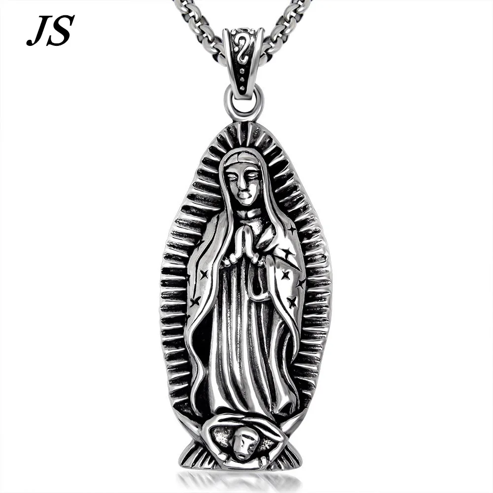 

JS Titanium Our Lady of Guadalupe Necklace Bezel Virgin Mary Pendnat Holy Mother of God Gift Catholic Religious Jewelry TN020