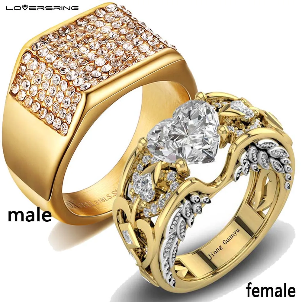 Loversring 2 Rings Couple Rings Yellow Gold Color Heart Cubic Zirconia