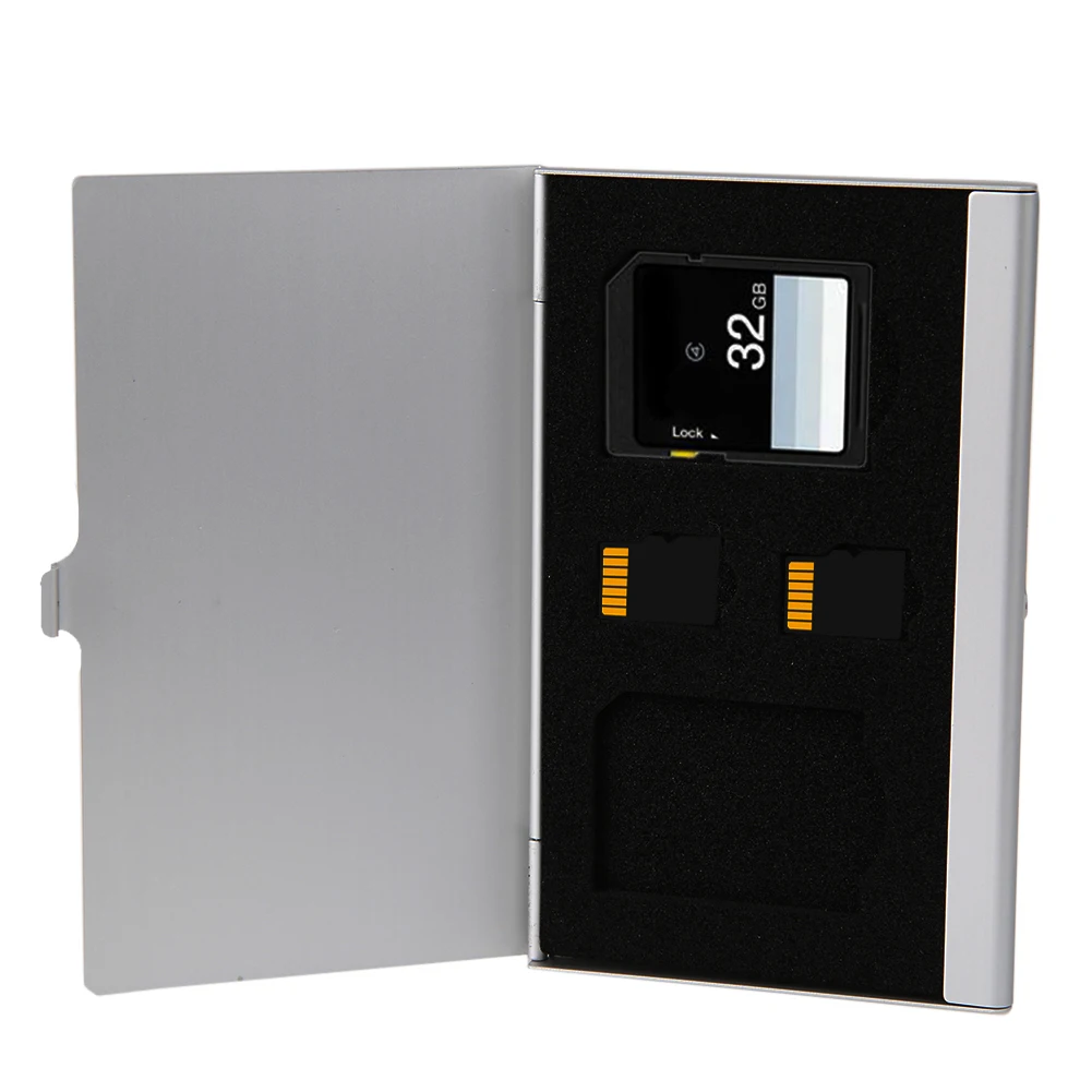 

Portable Memory Card Storage Case Box Silver Aluminum 2 SD + 2TF Micro SD Cards Pin StorageBox Case Holder Protector