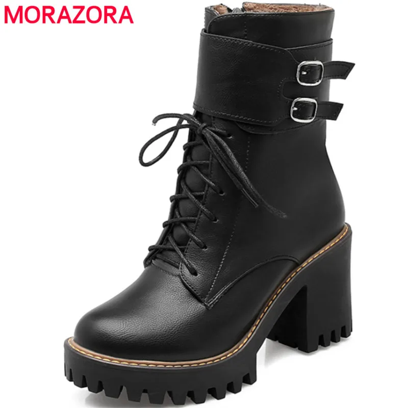 MORAZORA Fashion boots 2017 spring autumn buckle ladies shoes high heels boots round toe platform lace
