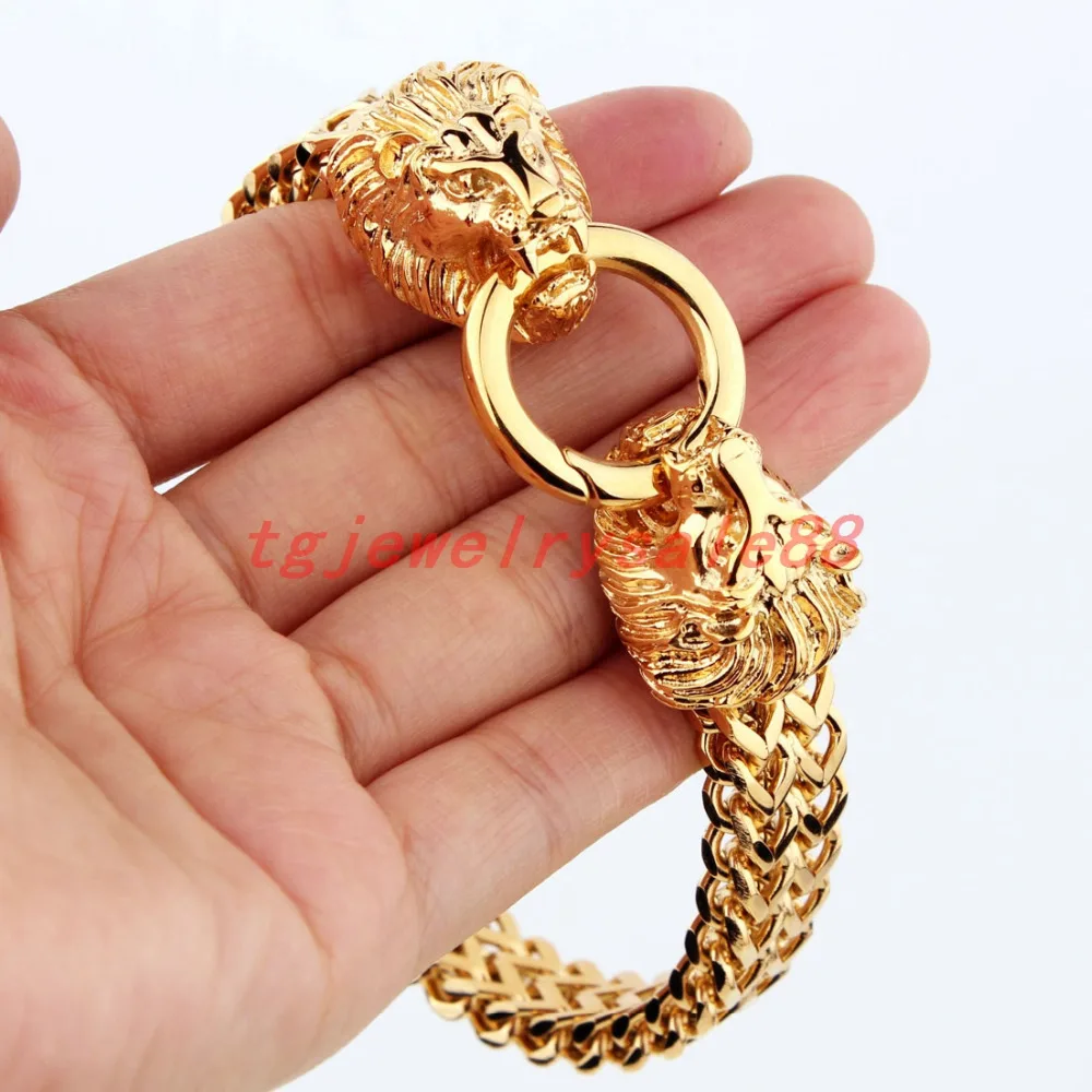 

Gold Color Stainless Steel Lion Head Franco Box Link Chain Bracelet Spring Ring Clasp Fshion Link Chain Bracelet Jewelry 8.66"