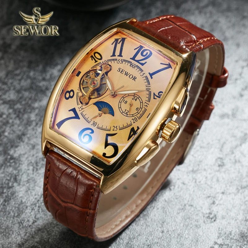 Vente SEWOR Top Marque De Luxe De Mode De Type Baril Montre En Cuir band Hommes Montre Mécanique Automatique Sport Montres Livraison Gratuite