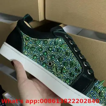 

Leather Red Bottoms Low Cut Sneaker Shoes Black Green Spikes Sea Cucumber Men Flat Rhinestone Casual Models Loafers