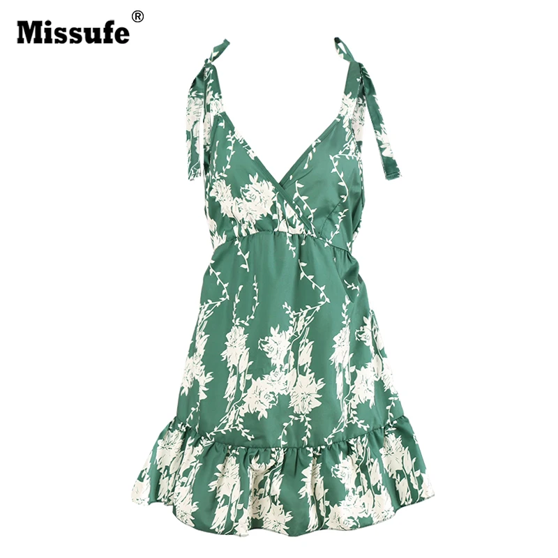 Missufe Floral Wydrukowano Boho Tunika Sukienka Kobiety Plisowane Mini Muszka 2017 Głębokie V Neck Sexy Backless Beach Letnie Sukienki
