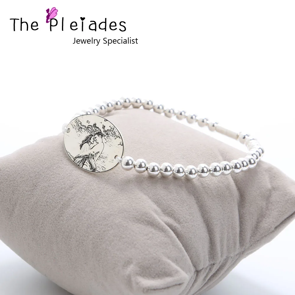 925 Sterling Silver Photo Engrave Bracelet Personalized Oval Charm Beaded Chain Elastic Custom Picture Memory Bracelet