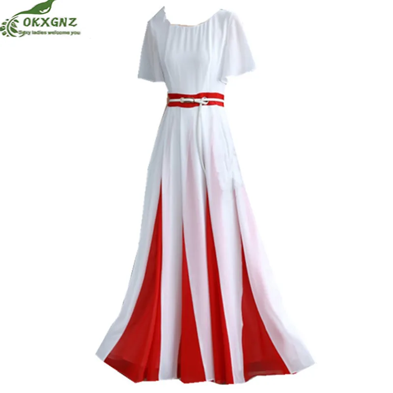 Fashion large size S-3XL chiffon summer women's clothing dress 2019 New Stitching Slim Over the knee long dresses female OKXGNZ