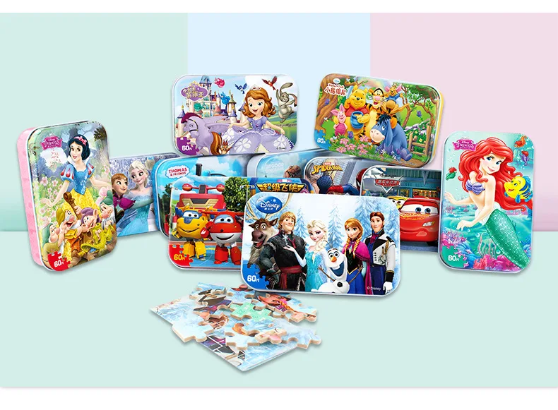 Disney Iron Box Puzzle Wooden Toys Early Learning 60 Pieces Mickey Ice Snow Princess Sophia Racing Puzzle