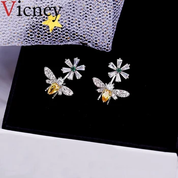 

Vicney New original Crystal Bee Flower Earrings AAA Zircon Stud Earrings for Women girl Fine Jewelry gifts with Exquisite box