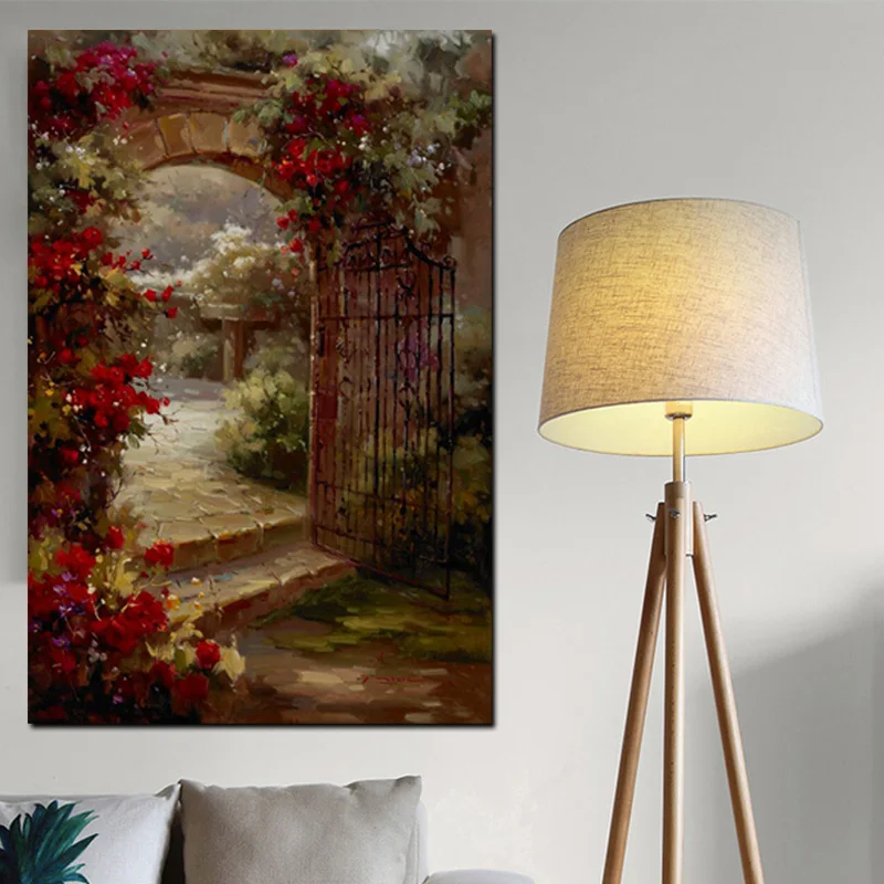 Abstract Pastoral House Flowers Door Landscape Oil Painting HD Print on Canvas Garden Poster Wall Art Picture for Livinng Room (2)