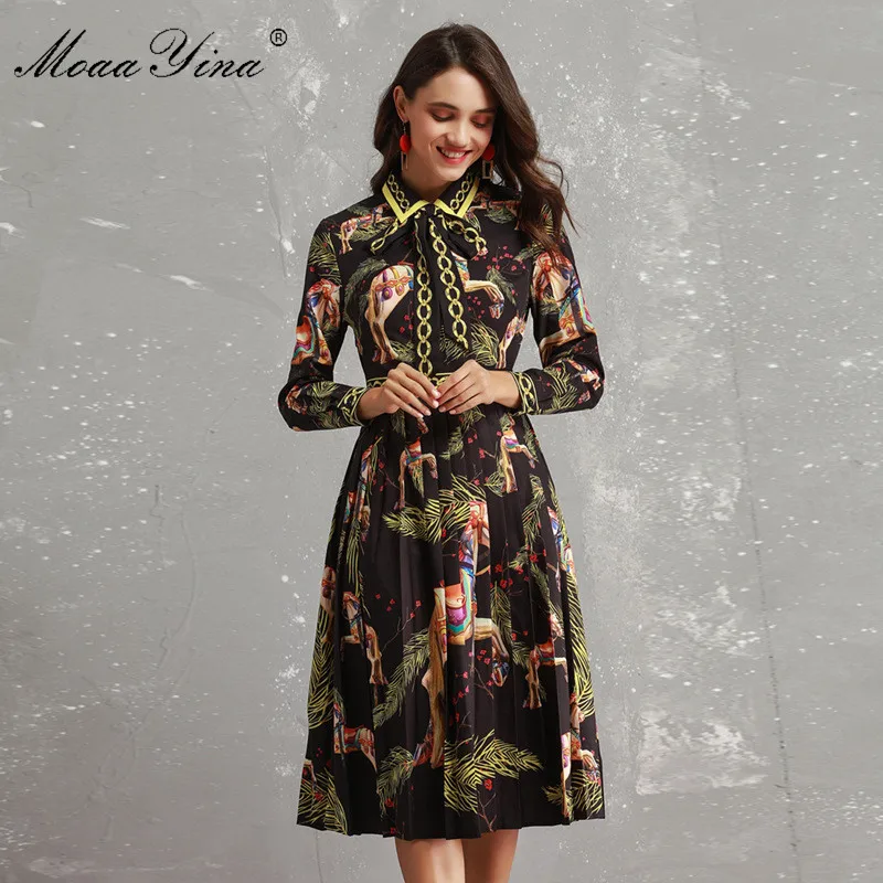 

MoaaYina Fashion Designer Runway Dress Autumn Women Long sleeve Bowknot Animal Printed Slim Vintage Black Elegant Draped Dress