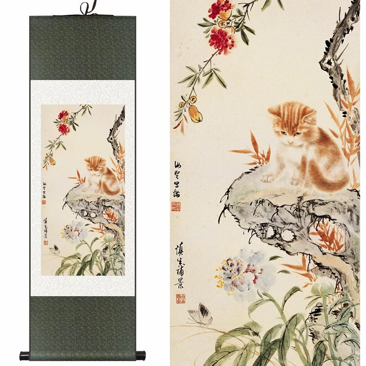 

Chinese Traditional Silk watercolor flower Animals Cats Kitten ink feng shui canvas wall picture damask framed scroll painting
