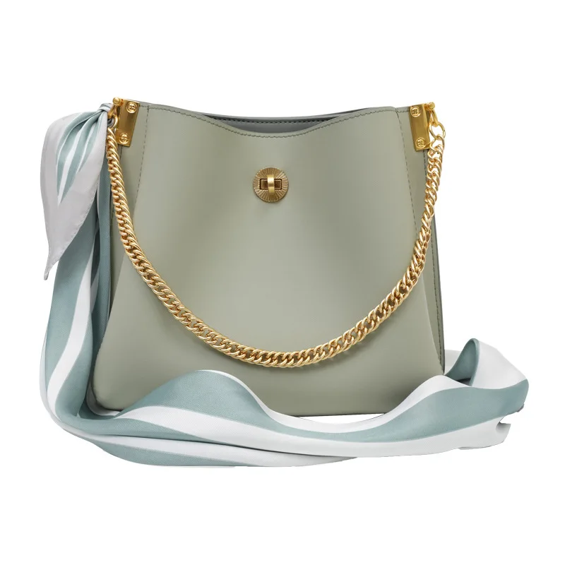 

2019 New Chain Large Leather Bucket Bag Solid Color Shoulder Bag Hand Bag with Scarf