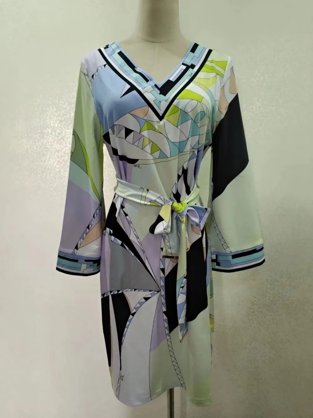 Роскошное Брендовое подиумное женское платье с v-образным вырезом, цветной геометрический принт, цветной блок, трикотажное шелковое Повседневное платье с поясом